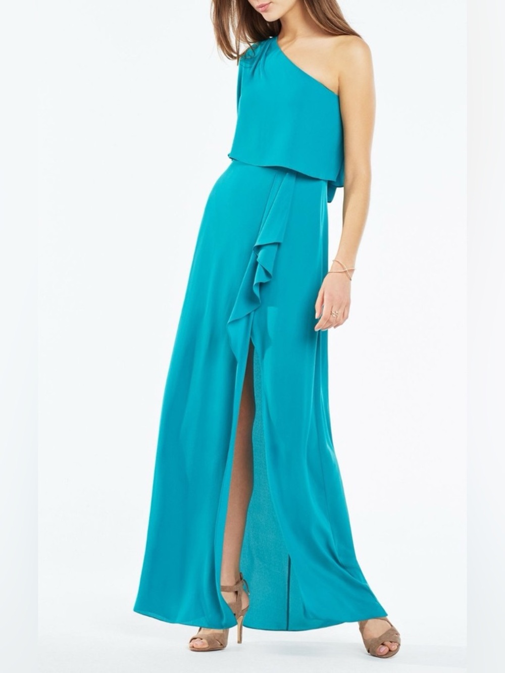 BCBGMaxAzria Teal One-Shoulder Ruffle Gown